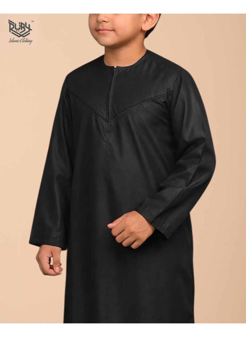 RUBY ISLAMIC CLOTHING Classic Black Emirati Thobe kandura for Children & kids with Intricate Embroidery kandura Kaftan Round Neck Long Sleeve Saudi Arabian Muslim Robe (Without Tussel) - Image 3